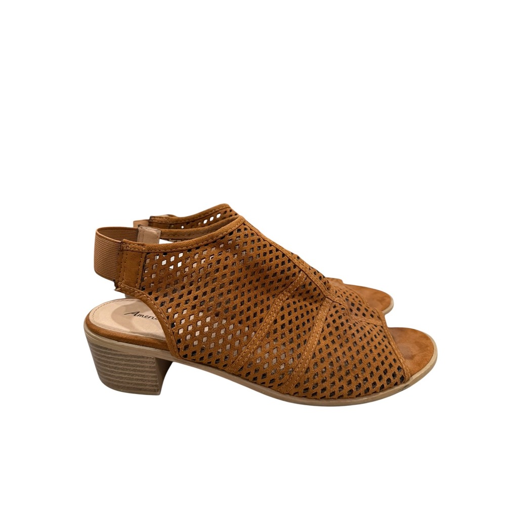 American Eagle Vida Cognac Tan Laser Cut Block Heel Slingback Sandals Size 9.5
